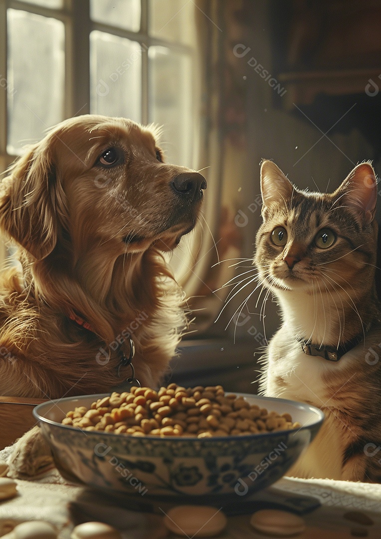 Um cachorro e um gato sentados lado a lado olhando ansiosamente para uma tigela cheia de comida deliciosa