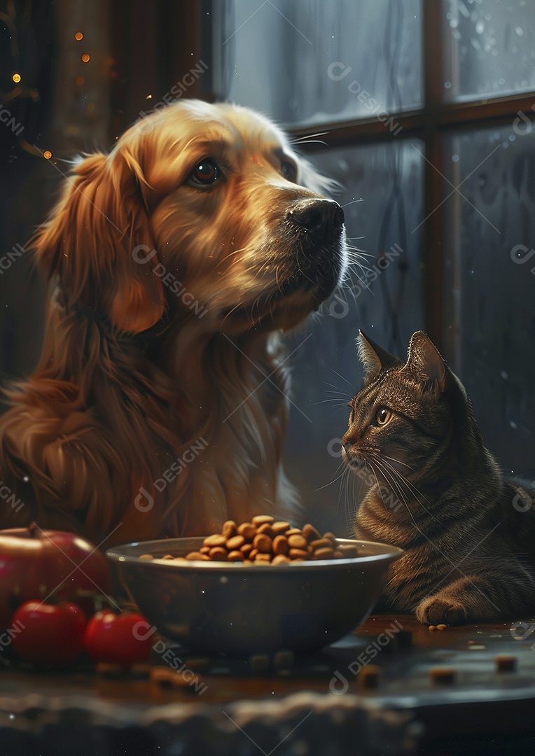 Um cachorro e um gato sentados lado a lado olhando ansiosamente para uma tigela cheia de comida deliciosa