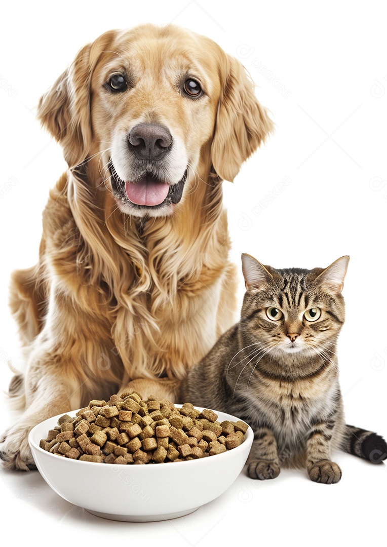 Um cachorro e um gato sentados lado a lado olhando ansiosamente para uma tigela cheia de comida deliciosa