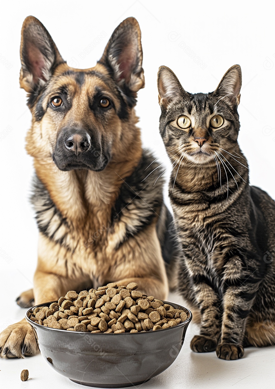 Um cachorro e um gato sentados lado a lado olhando ansiosamente para uma tigela cheia de comida deliciosa