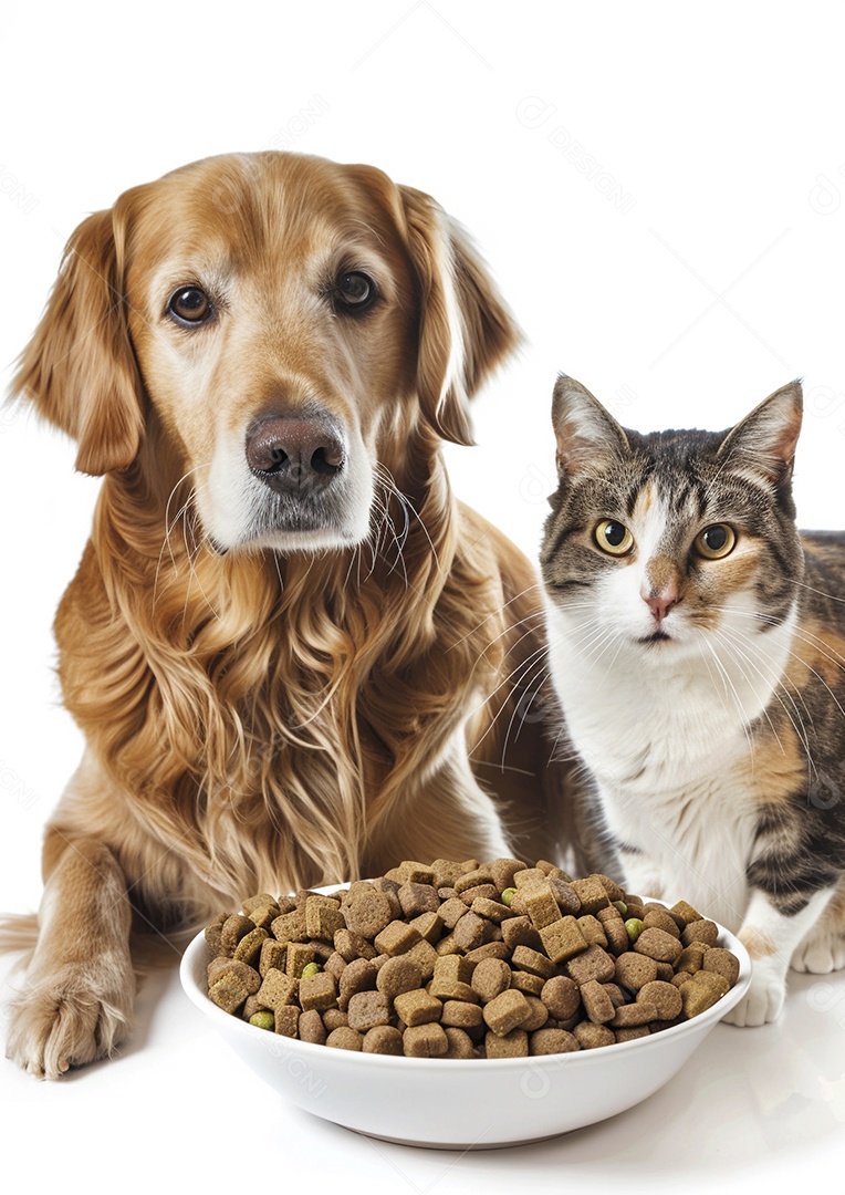 Um cachorro e um gato sentados lado a lado olhando ansiosamente para uma tigela cheia de comida deliciosa