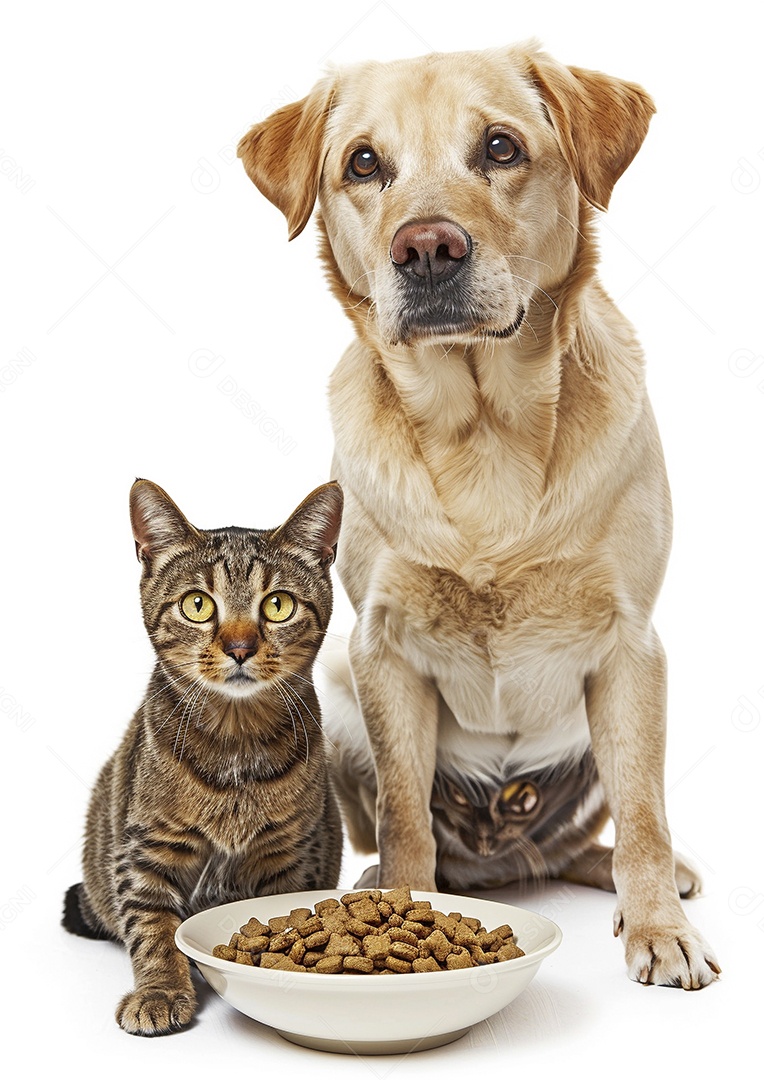 Um cachorro e um gato sentados lado a lado olhando ansiosamente para uma tigela cheia de comida deliciosa