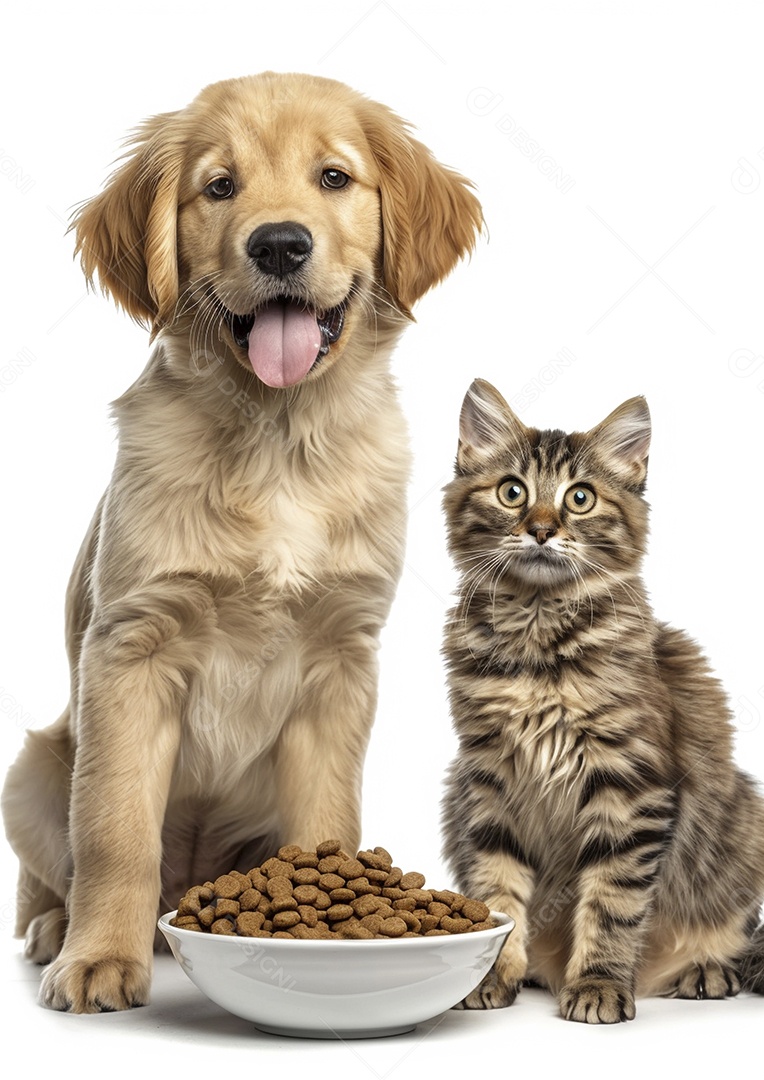 Um cachorro e um gato sentados lado a lado olhando ansiosamente para uma tigela cheia de comida deliciosa