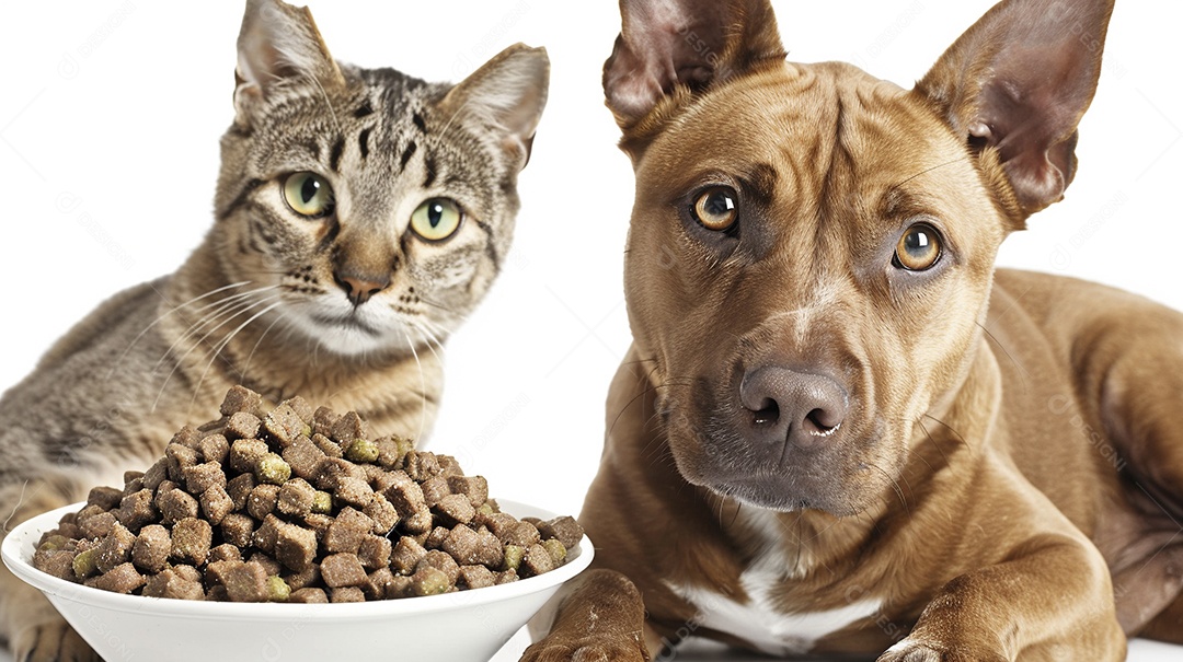 Um cachorro e um gato sentados lado a lado olhando ansiosamente para uma tigela cheia de comida deliciosa