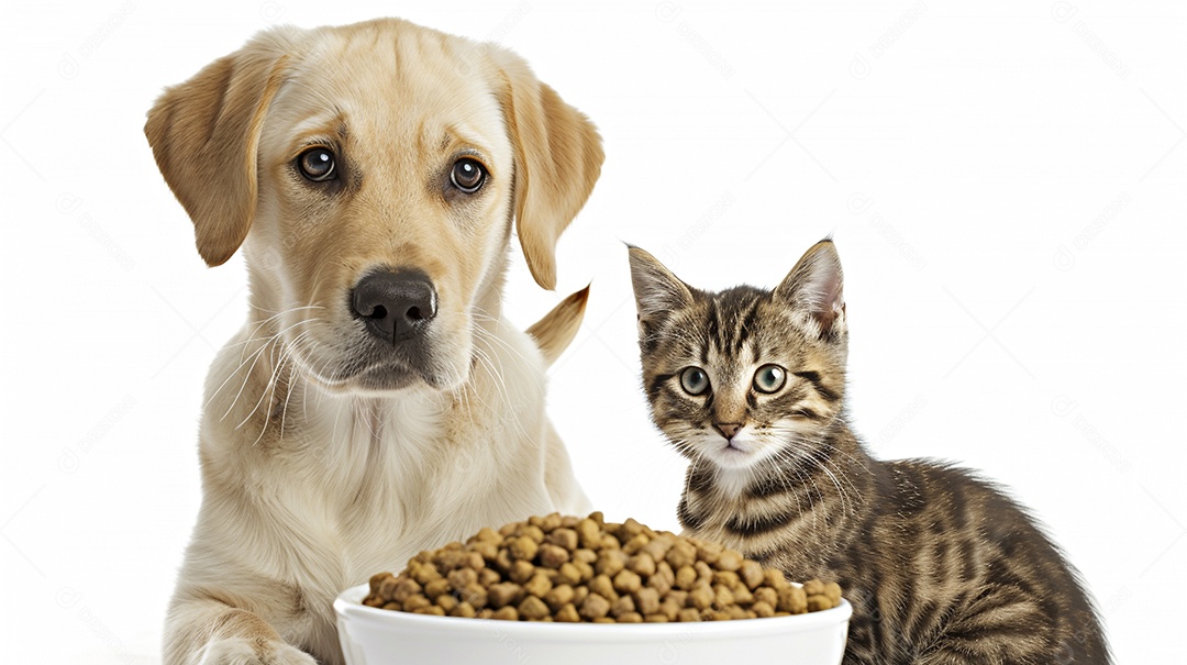 Um cachorro e um gato sentados lado a lado olhando ansiosamente para uma tigela cheia de comida deliciosa