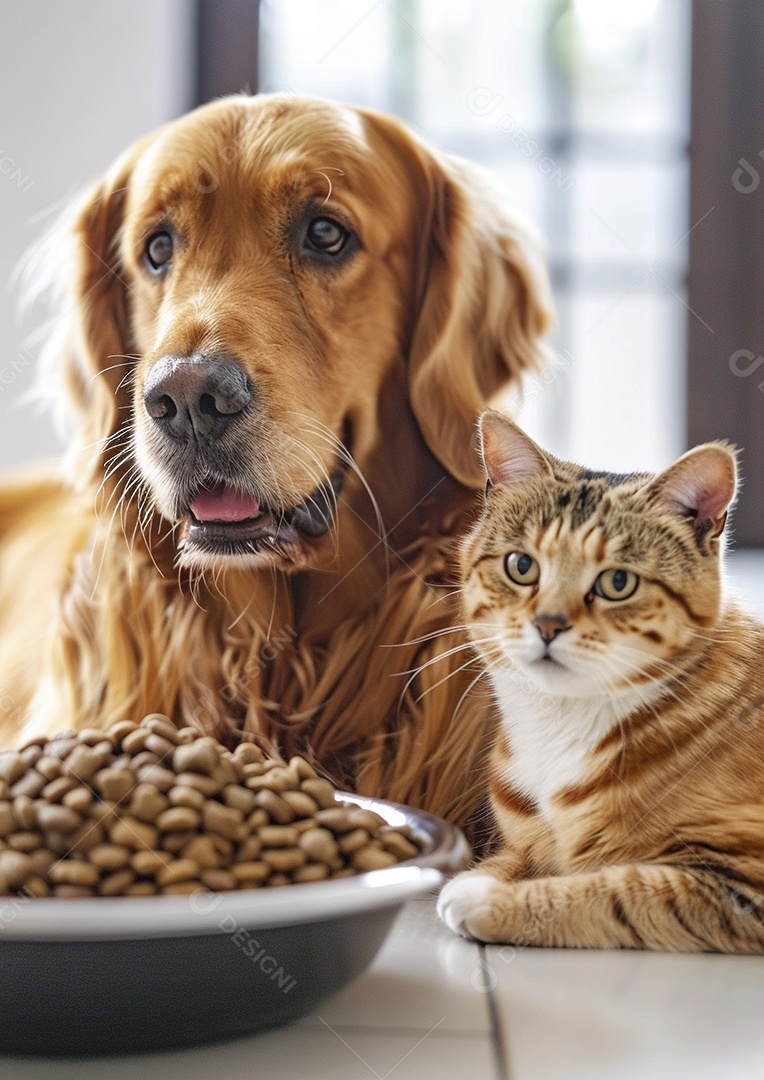 Um cachorro e um gato sentados lado a lado olhando ansiosamente para uma tigela cheia de comida deliciosa