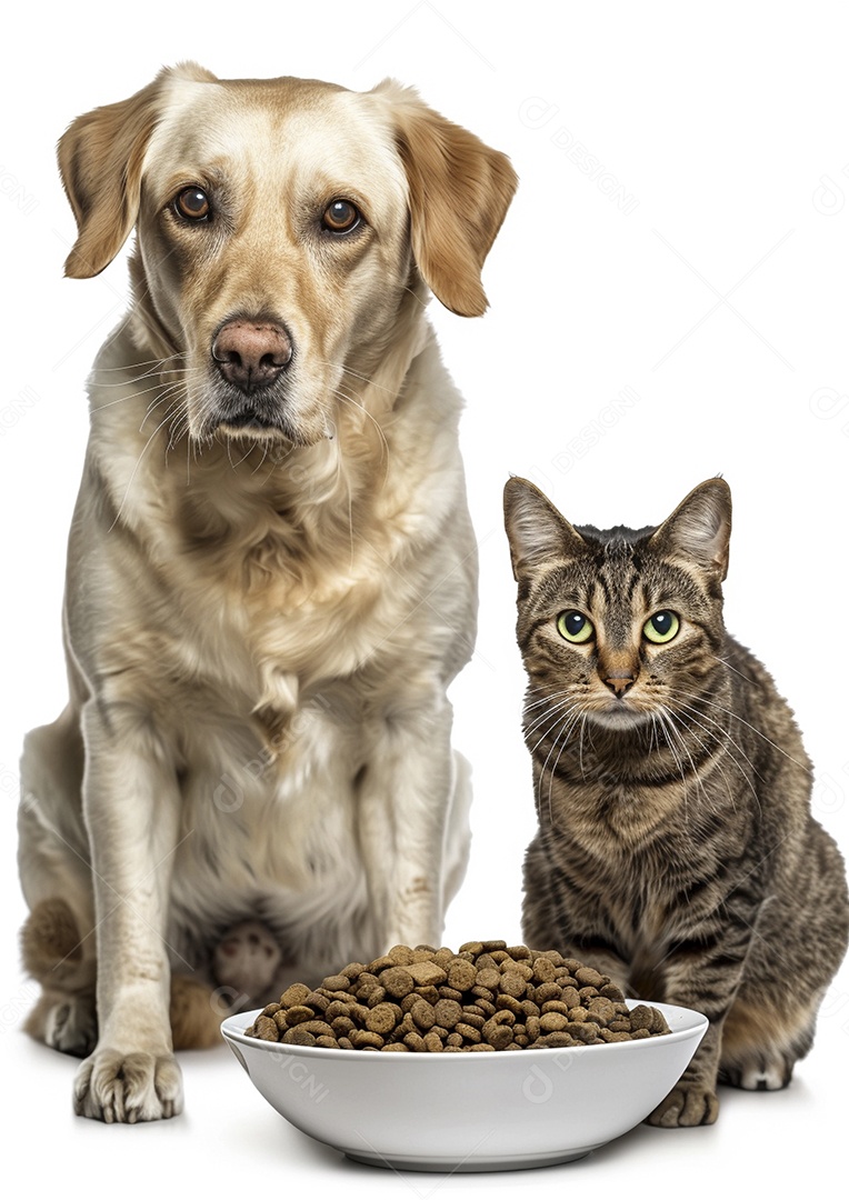 Um cachorro e um gato sentados lado a lado olhando ansiosamente para uma tigela cheia de comida deliciosa