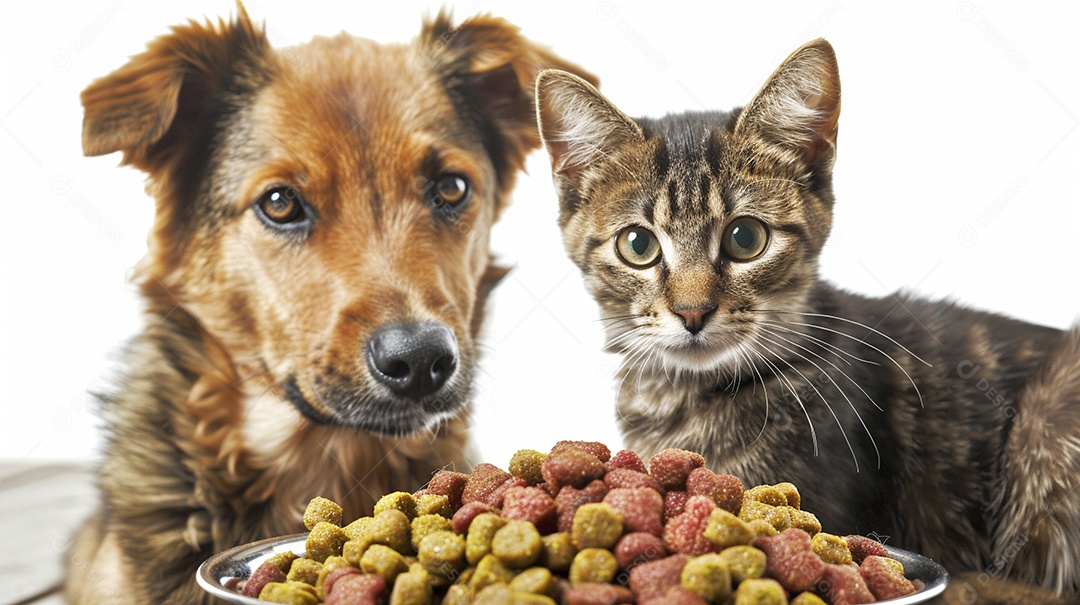 Um cachorro e um gato sentados lado a lado olhando ansiosamente para uma tigela cheia de comida deliciosa