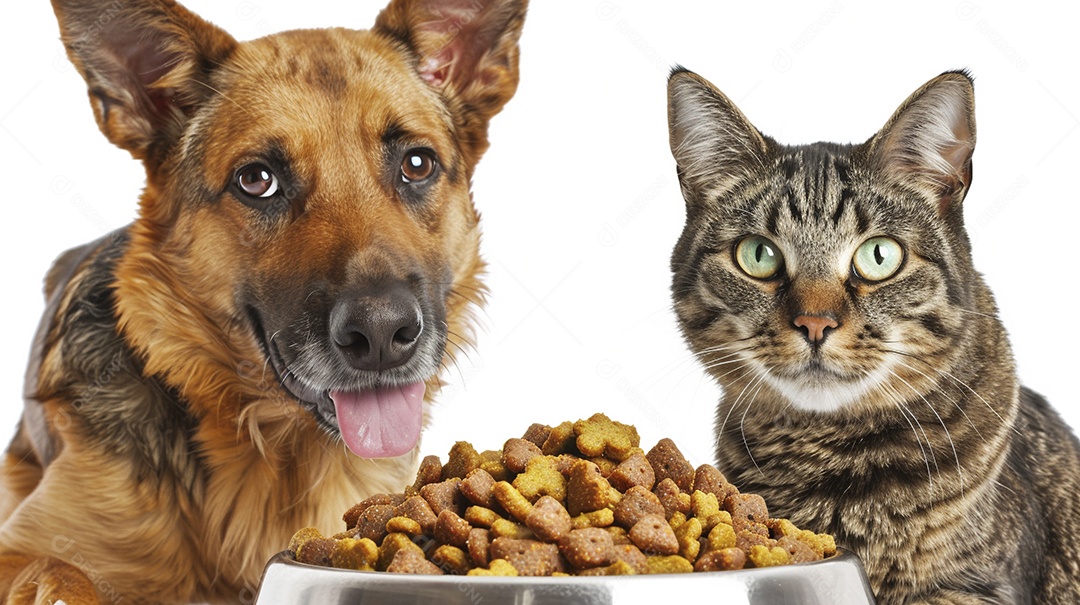 Um cachorro e um gato sentados lado a lado olhando ansiosamente para uma tigela cheia de comida deliciosa