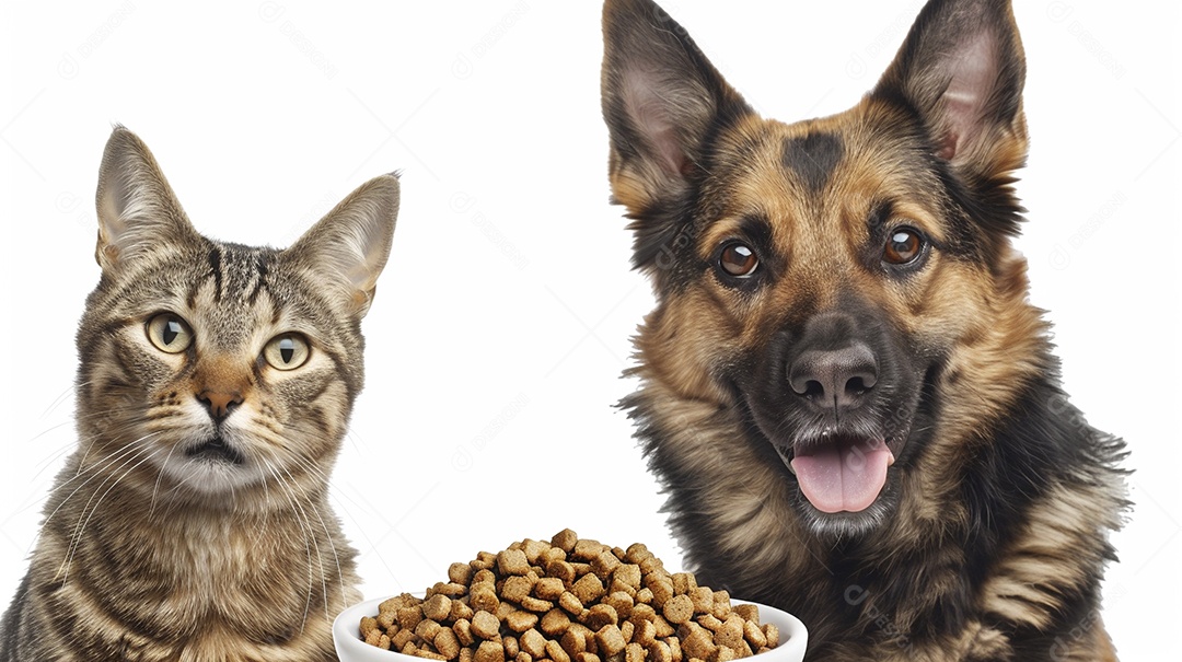 Um cachorro e um gato sentados lado a lado olhando ansiosamente para uma tigela cheia de comida deliciosa