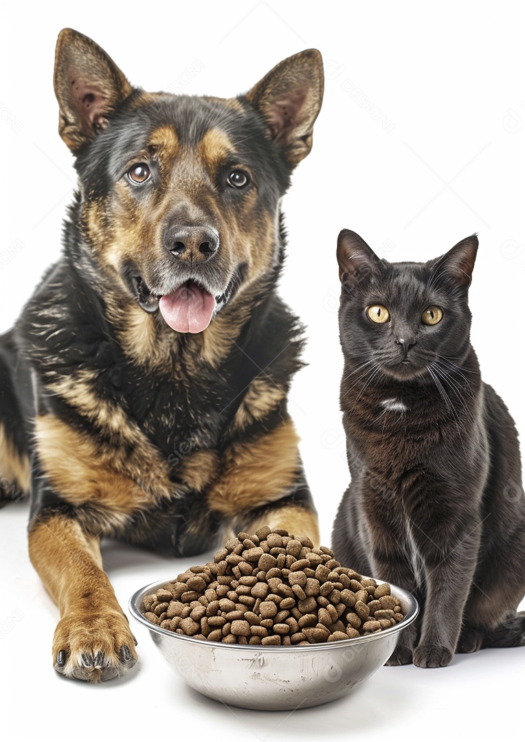 Um cachorro e um gato sentados lado a lado olhando ansiosamente para uma tigela cheia de comida deliciosa
