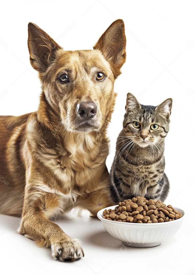 Um cachorro e um gato sentados lado a lado olhando ansiosamente para uma tigela cheia de comida deliciosa