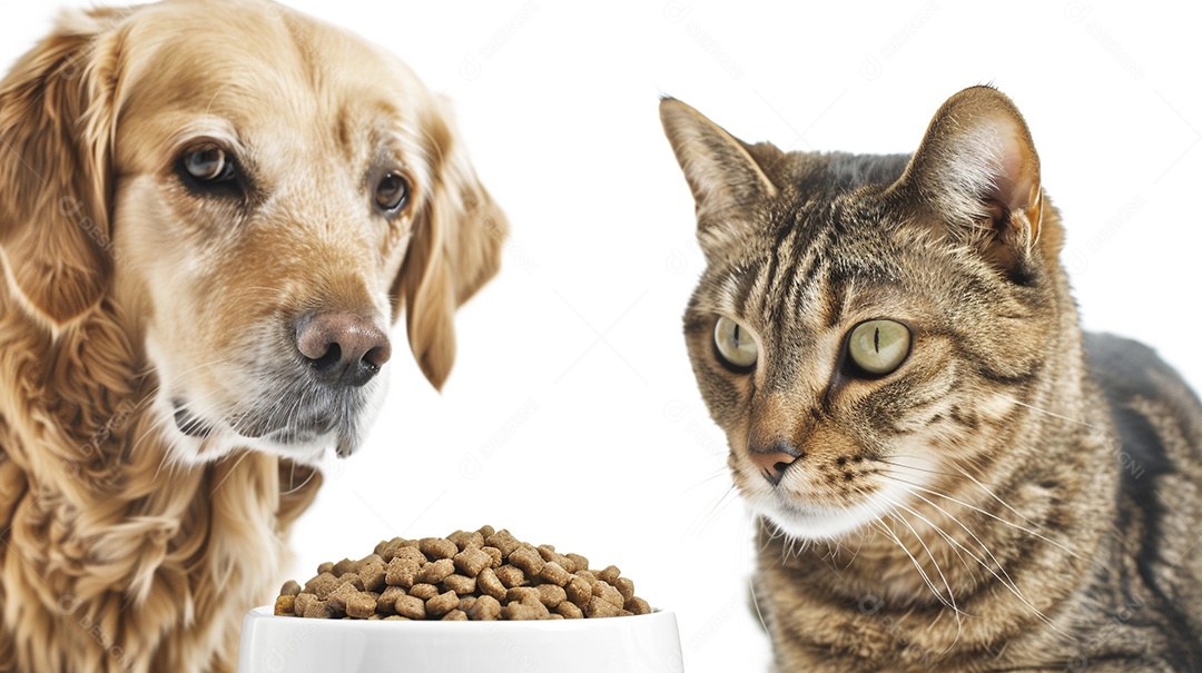 Um cachorro e um gato sentados lado a lado olhando ansiosamente para uma tigela cheia de comida deliciosa