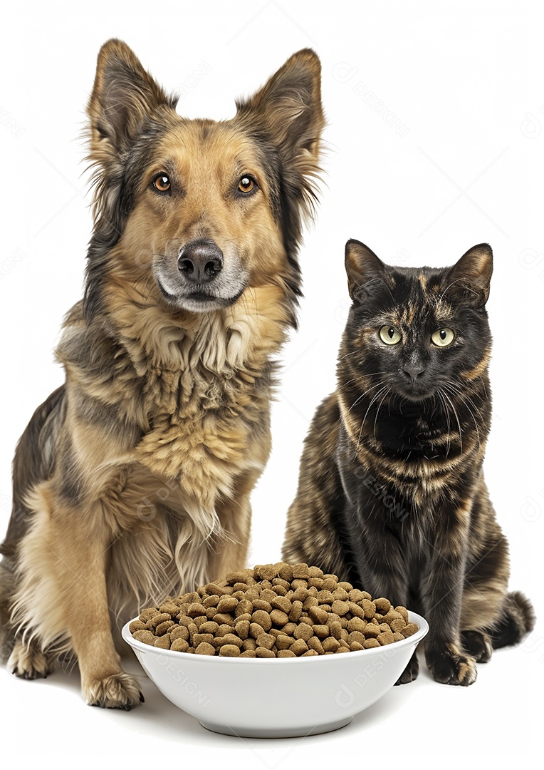 Um cachorro e um gato sentados lado a lado olhando ansiosamente para uma tigela cheia de comida deliciosa