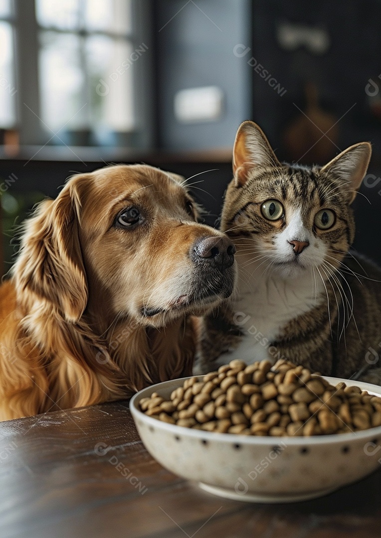 Um cachorro e um gato sentados lado a lado olhando ansiosamente para uma tigela cheia de comida deliciosa