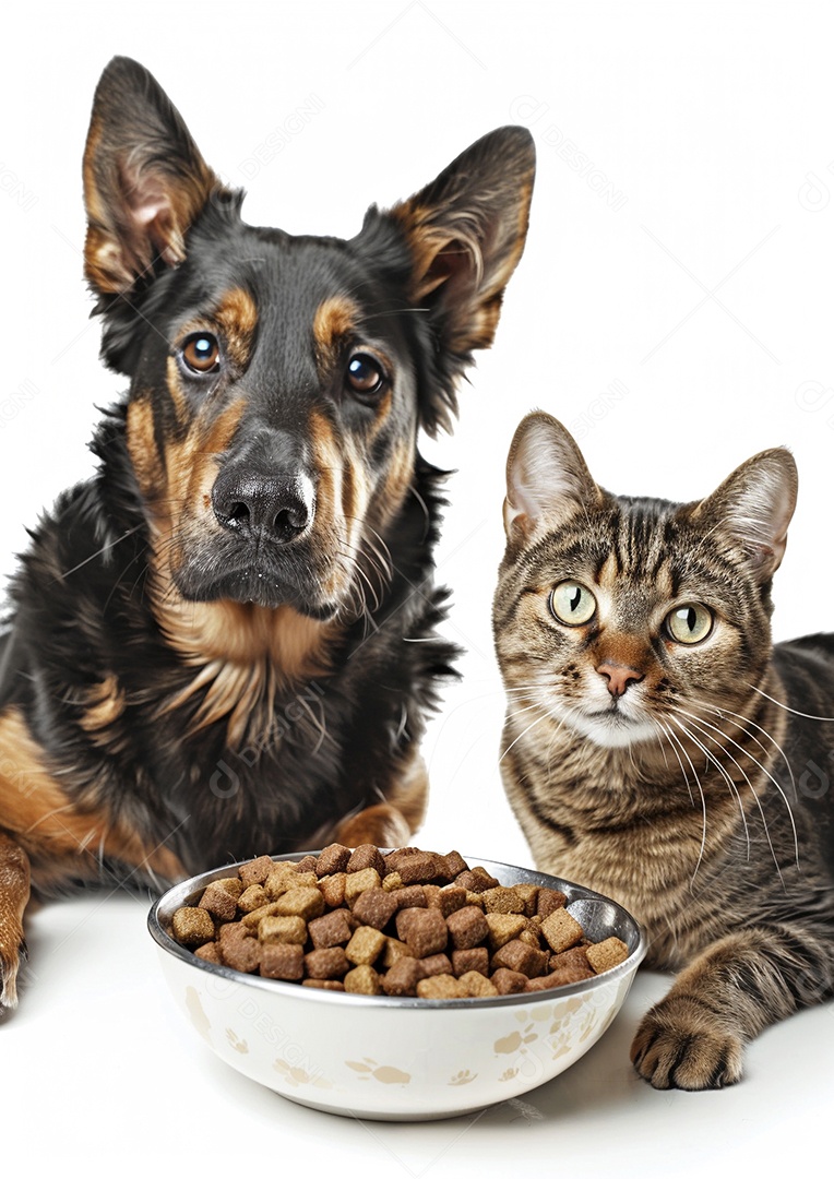 Um cachorro e um gato sentados lado a lado olhando ansiosamente para uma tigela cheia de comida deliciosa