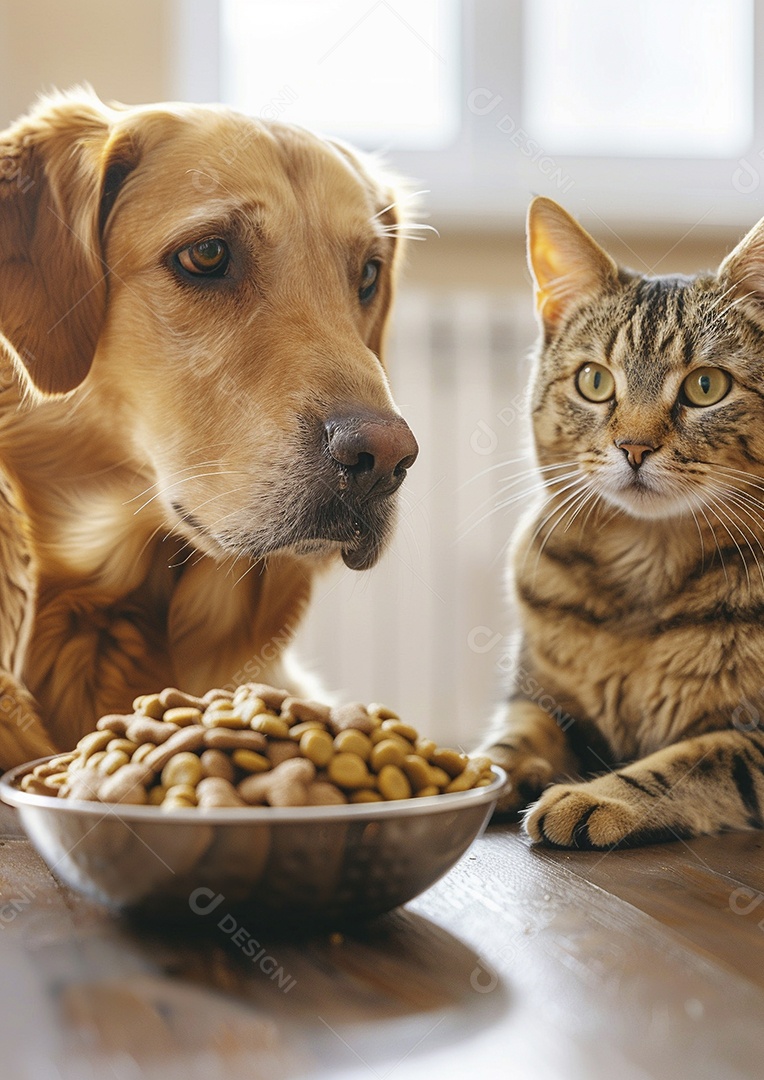 Um cachorro e um gato sentados lado a lado olhando ansiosamente para uma tigela cheia de comida deliciosa