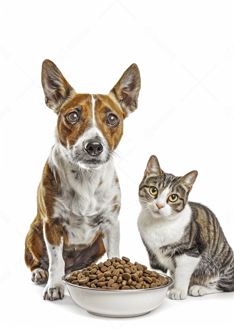 Um cachorro e um gato sentados lado a lado olhando ansiosamente para uma tigela cheia de comida deliciosa