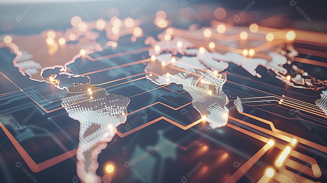 Um mapa-múndi digital laranja brilhante