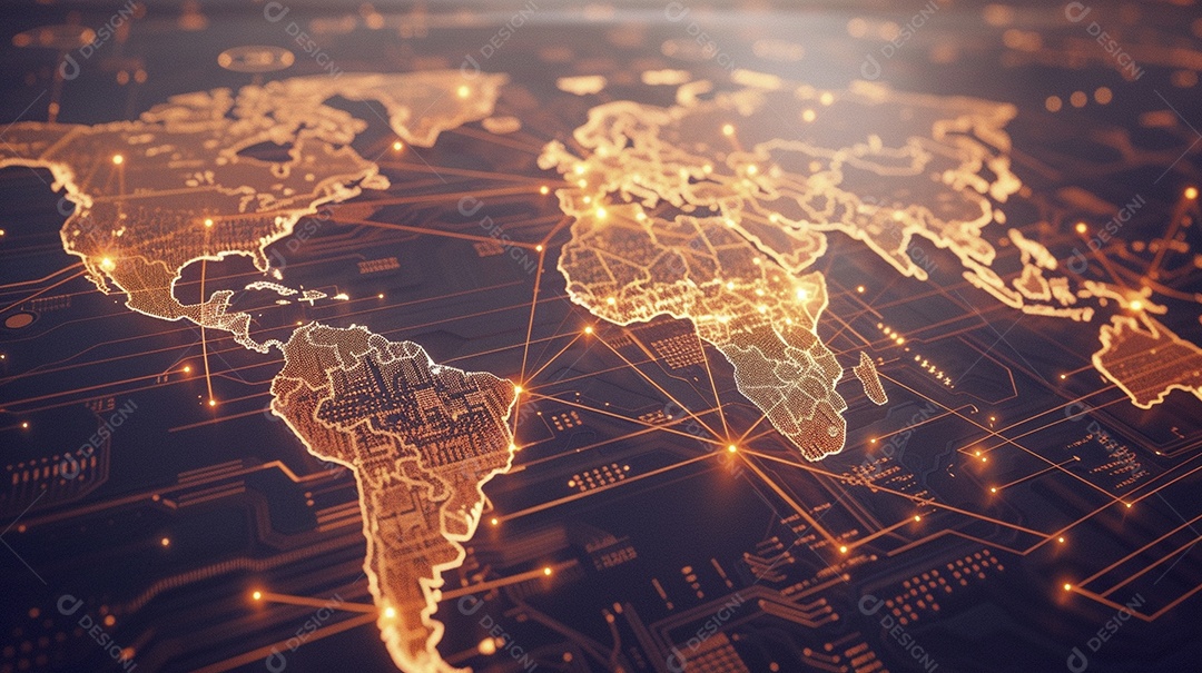 Um mapa-múndi digital laranja brilhante