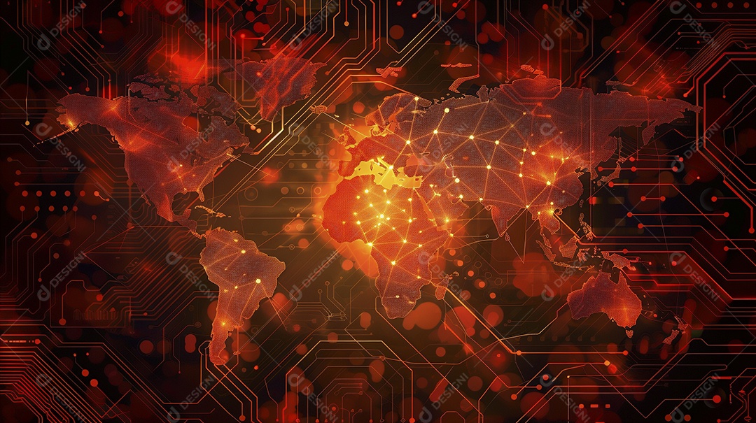Um mapa-múndi digital laranja brilhante