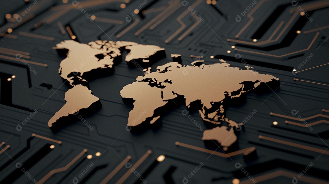 Um mapa-múndi digital laranja brilhante