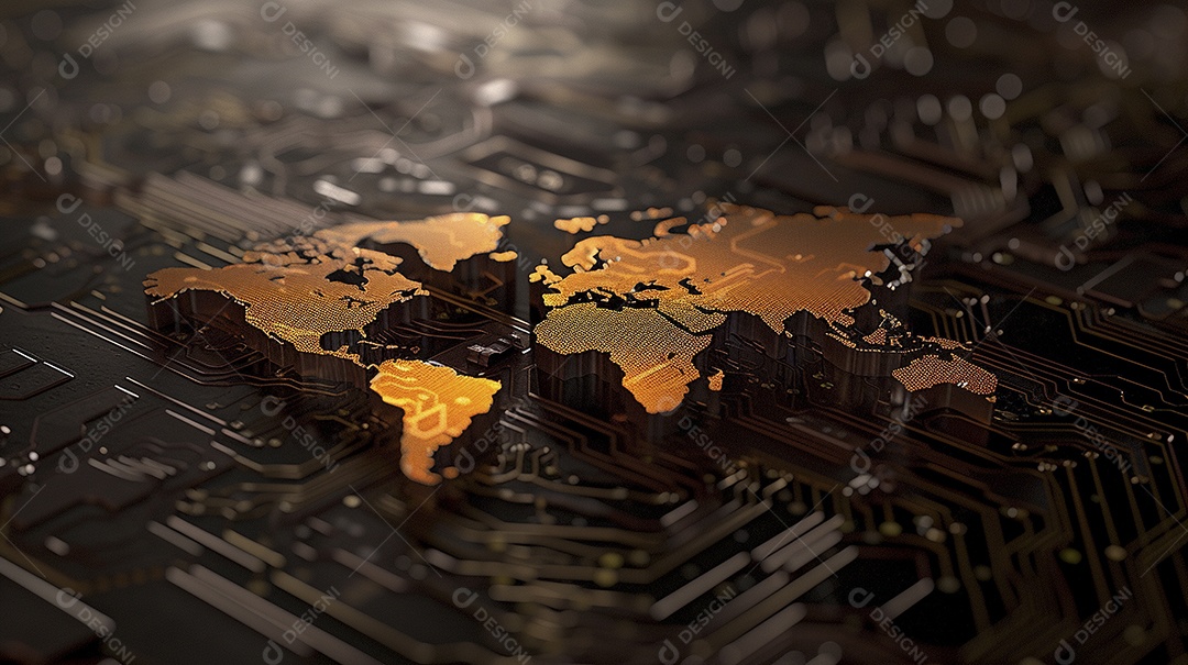 Um mapa-múndi digital laranja brilhante