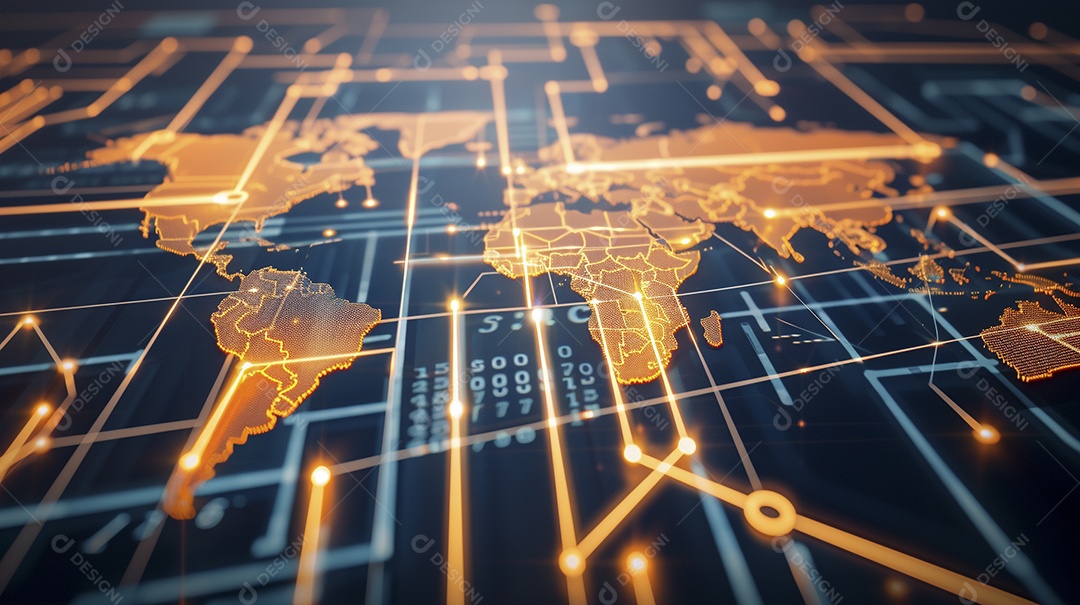 Um mapa-múndi digital laranja brilhante
