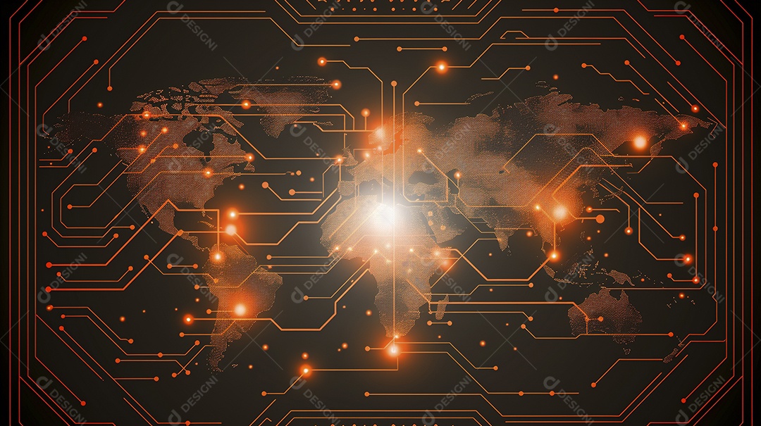 Um mapa-múndi digital laranja brilhante