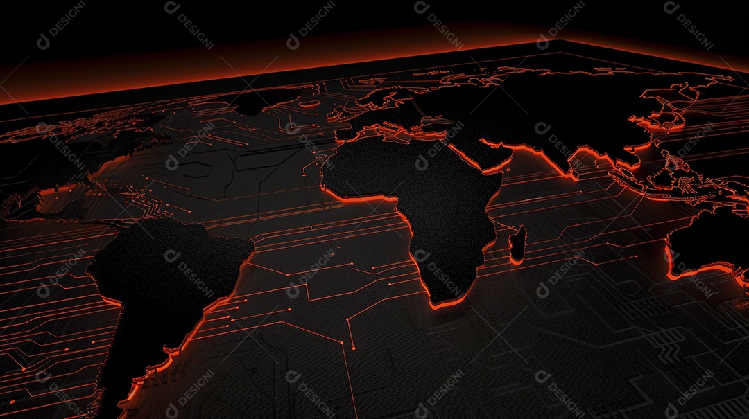 Um mapa-múndi digital laranja brilhante