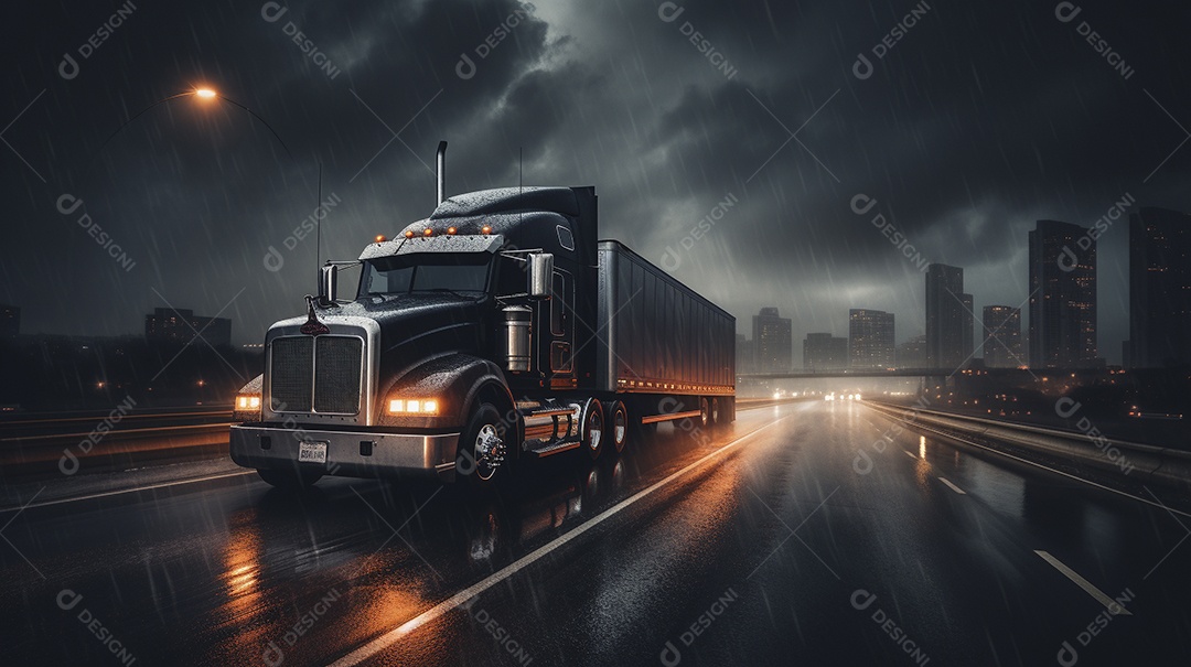 Um caminhão dirigindo por uma rodovia à noite