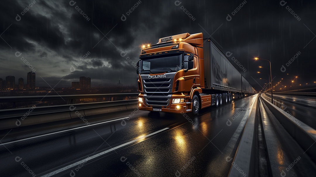 Um caminhão dirigindo por uma rodovia em um dia ensolarado