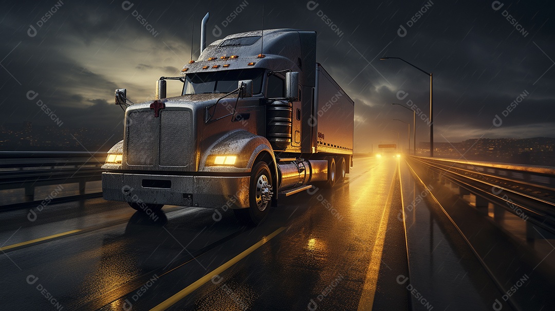 Um caminhão dirigindo por uma rodovia em um dia ensolarado
