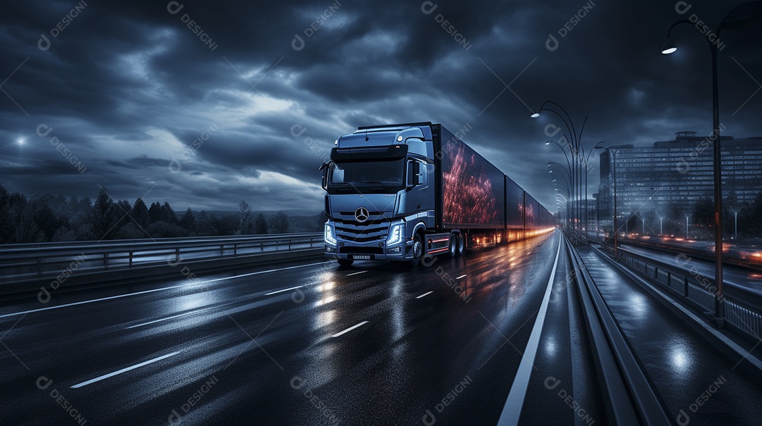 Um caminhão dirigindo por uma rodovia em um dia ensolarado