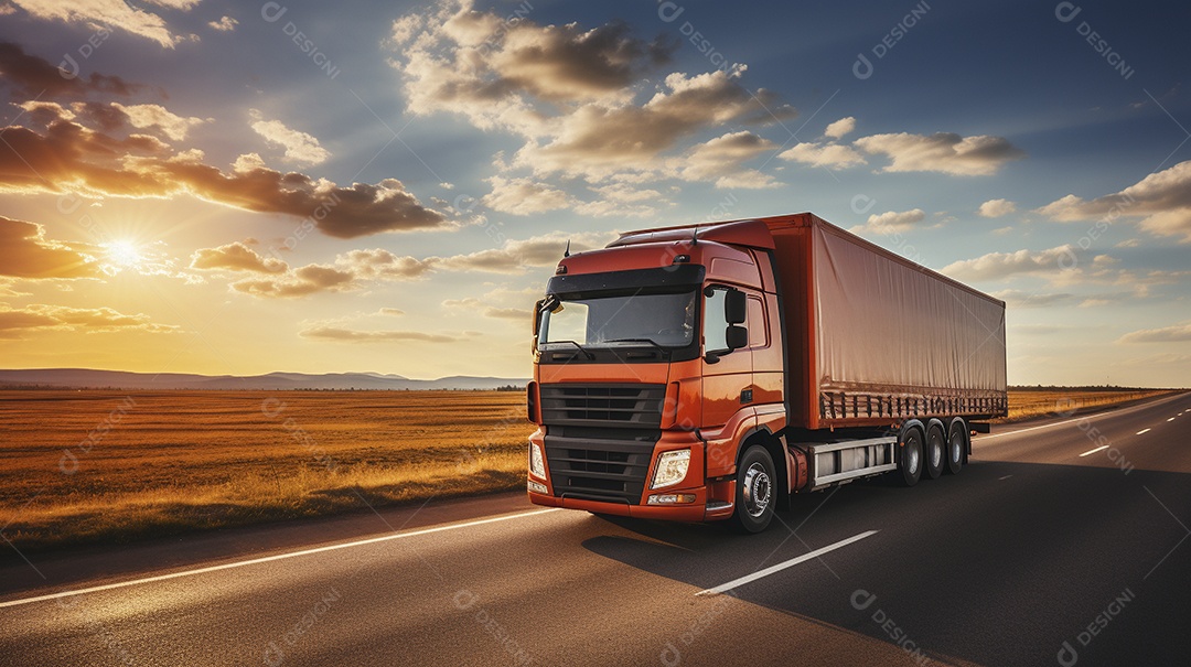 Um caminhão dirigindo por uma rodovia em um dia ensolarado