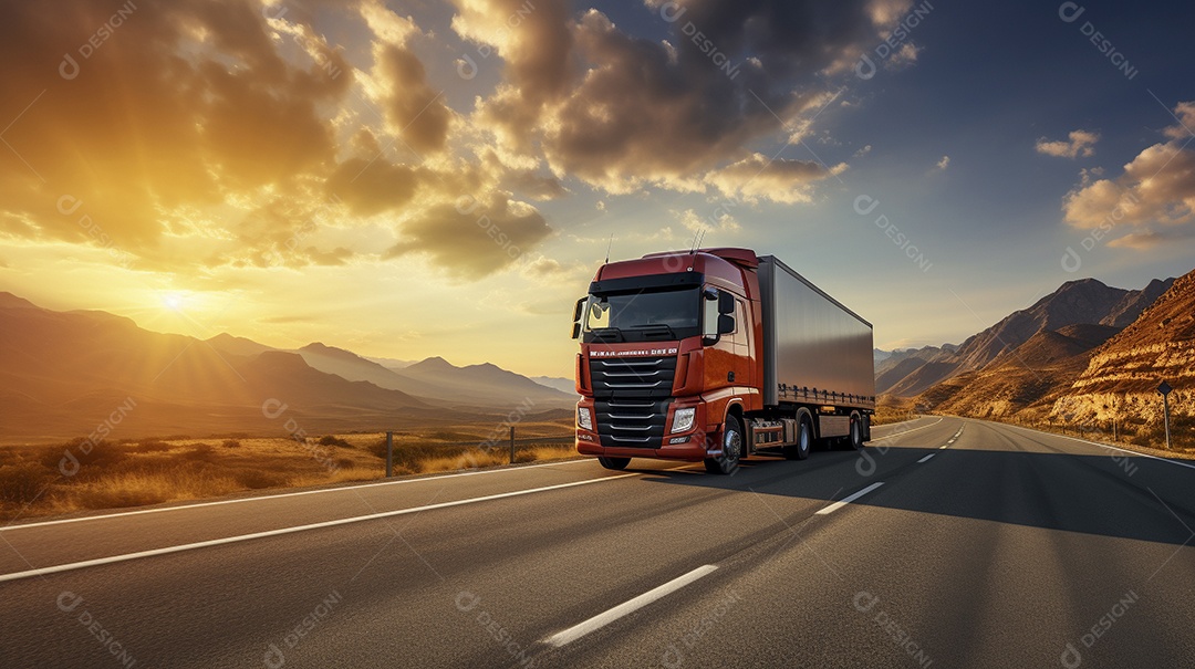 Um caminhão dirigindo por uma rodovia em um dia ensolarado