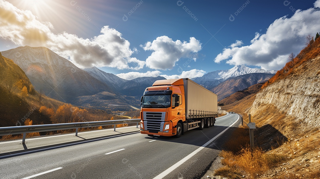 Um caminhão dirigindo por uma rodovia em um dia ensolarado