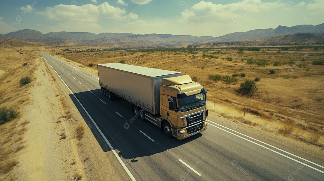 Drone visualiza um caminhão dirigindo por uma rodovia em um dia ensolarado