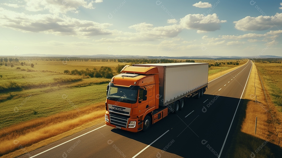 Drone visualiza um caminhão dirigindo por uma rodovia em um dia ensolarado