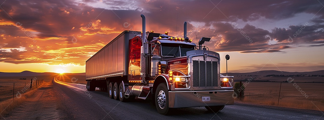 Grande caminhão se afastando ao pôr do sol