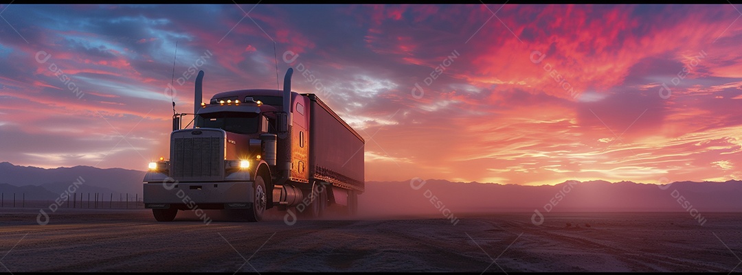 Grande caminhão se afastando ao pôr do sol