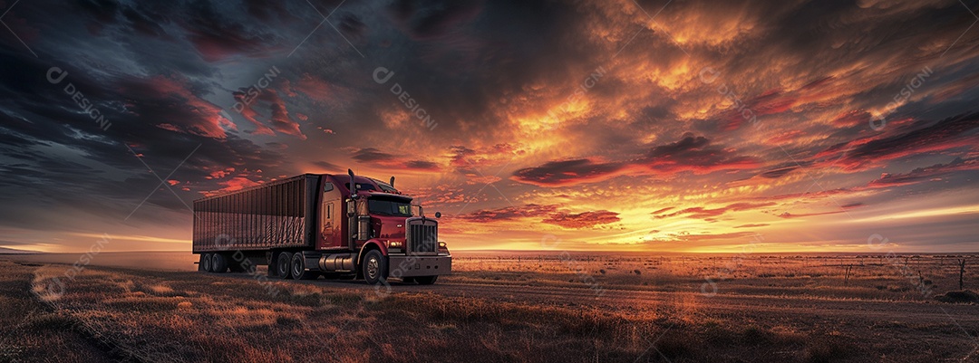 Grande caminhão se afastando ao pôr do sol