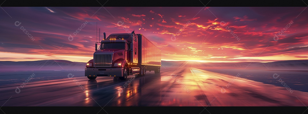 Grande caminhão se afastando ao pôr do sol
