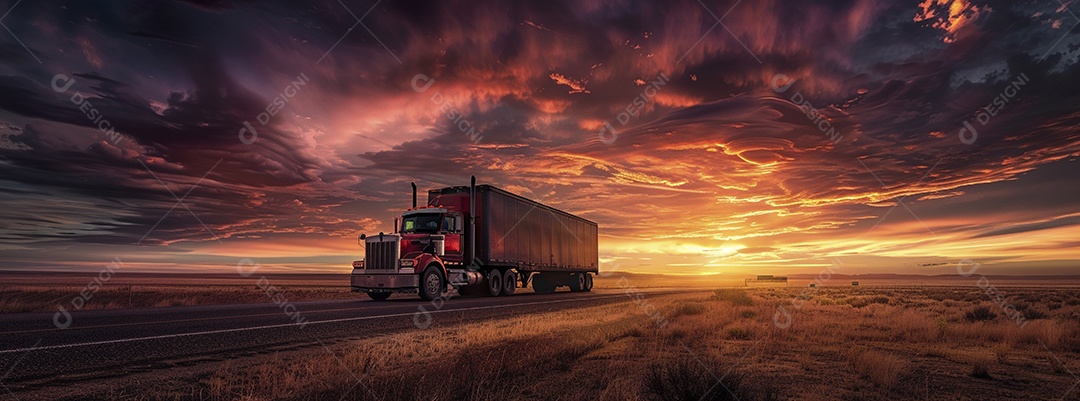 Grande caminhão se afastando ao pôr do sol