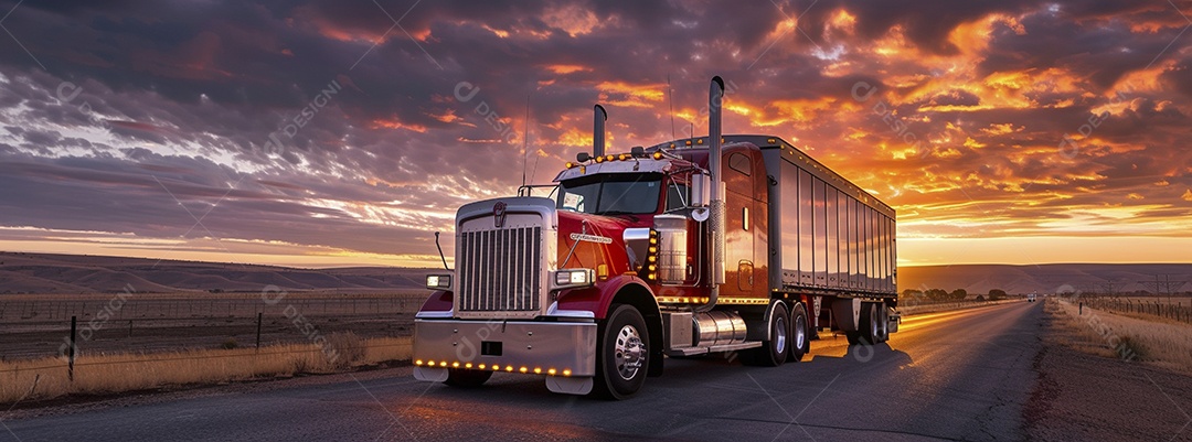 Grande caminhão se afastando ao pôr do sol