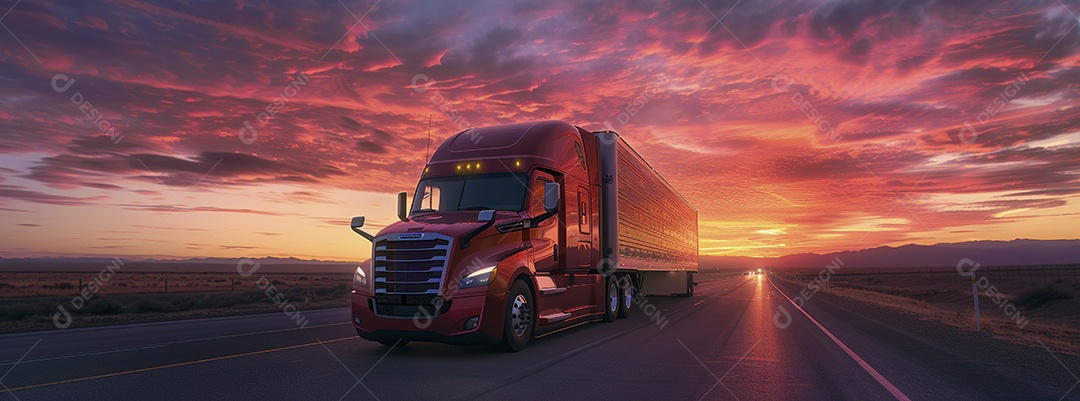 Grande caminhão se afastando ao pôr do sol