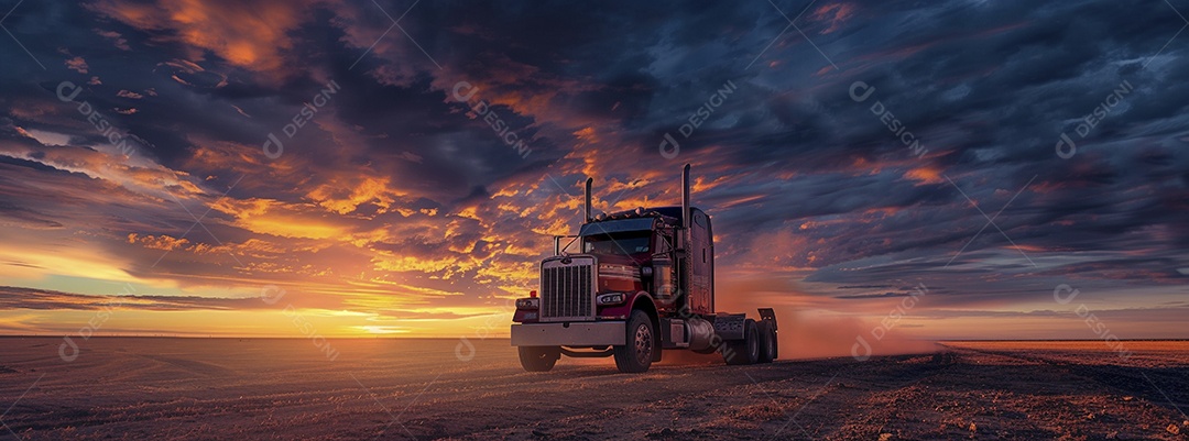 Grande caminhão se afastando ao pôr do sol