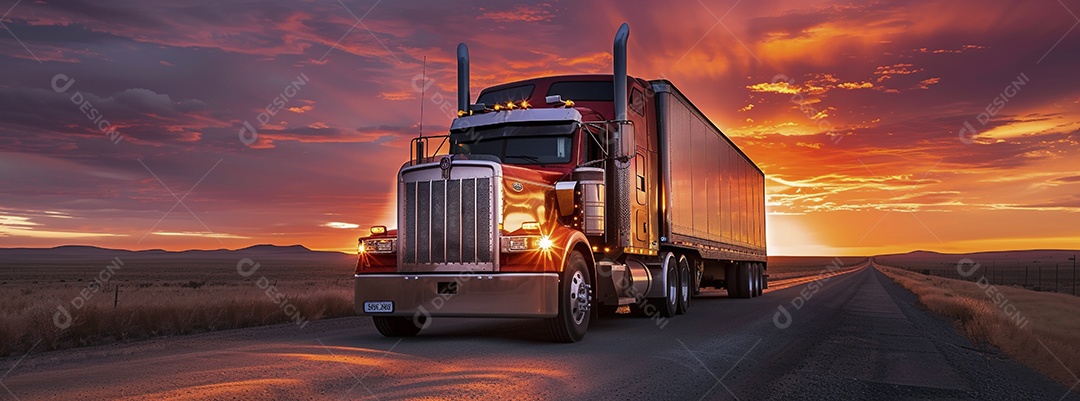 Grande caminhão se afastando ao pôr do sol