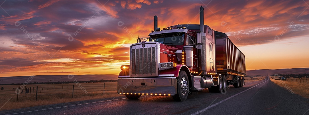 Grande caminhão se afastando ao pôr do sol