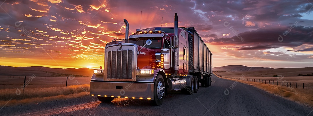 Grande caminhão se afastando ao pôr do sol